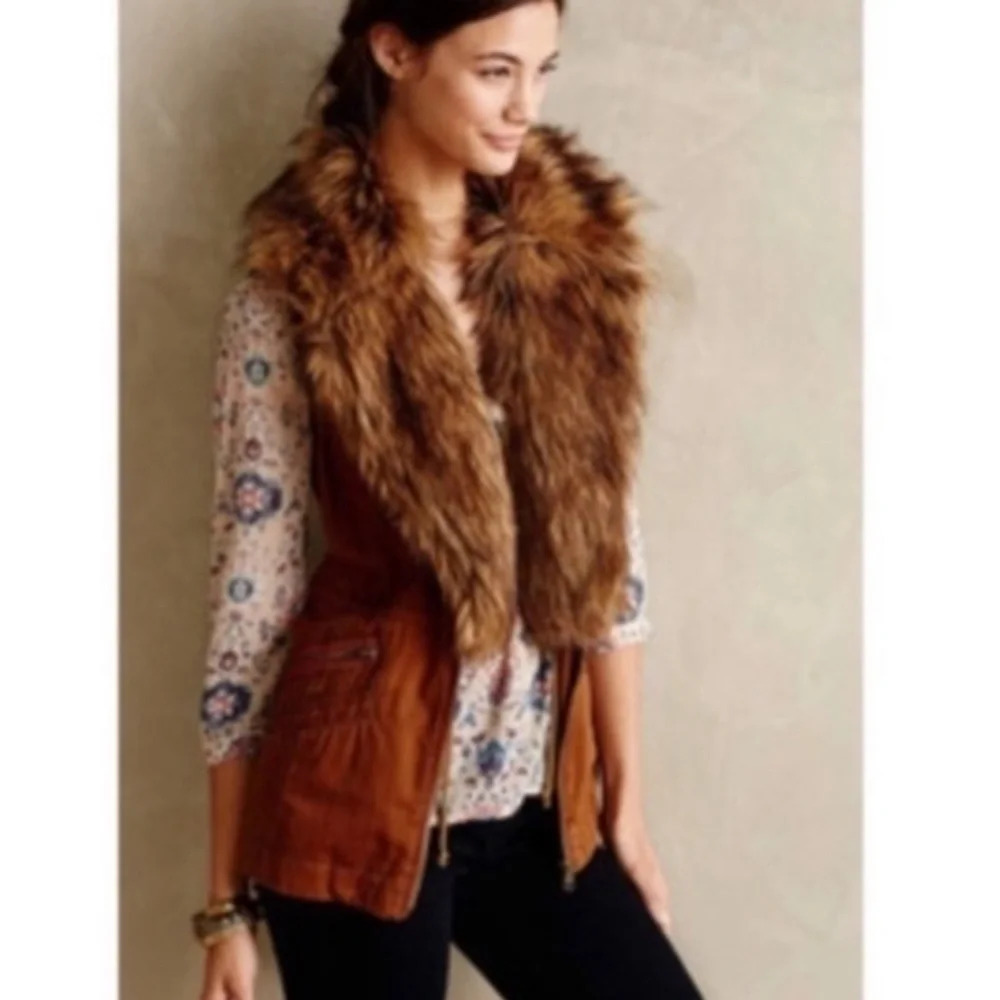 Anthropologie Hei Hei Brown Cargo Fur Collar Vest XS